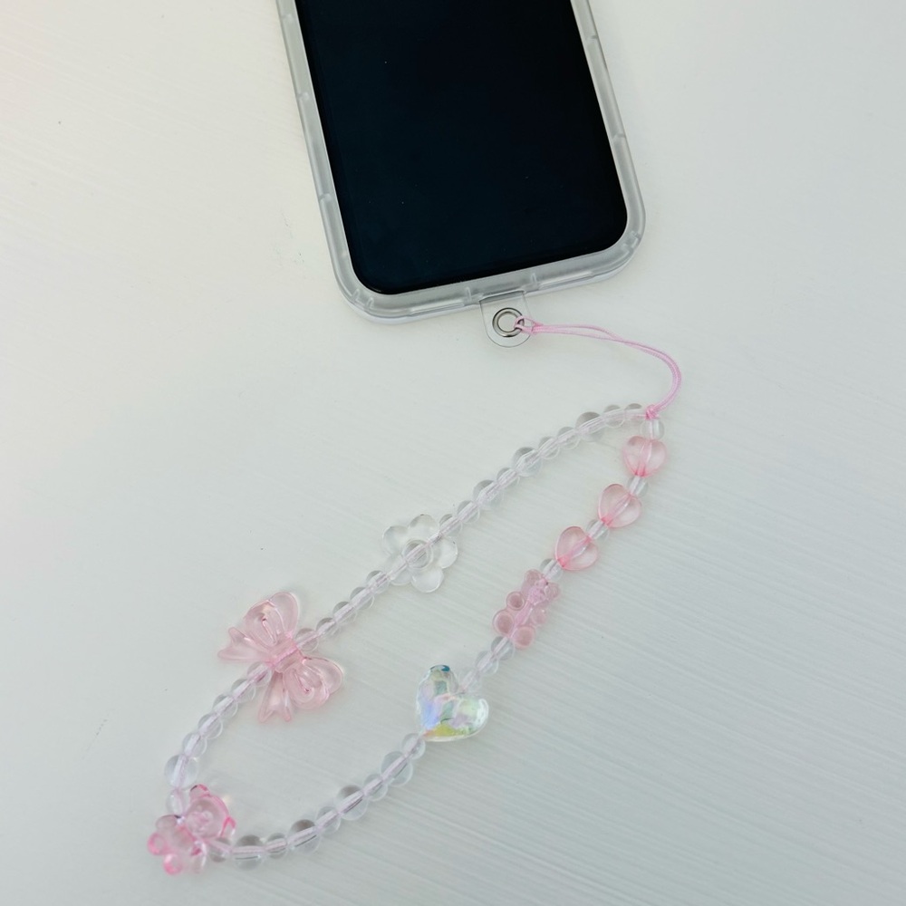 Beaded hand-held lanyard chain, phone wristlet strap pink bear butterfly